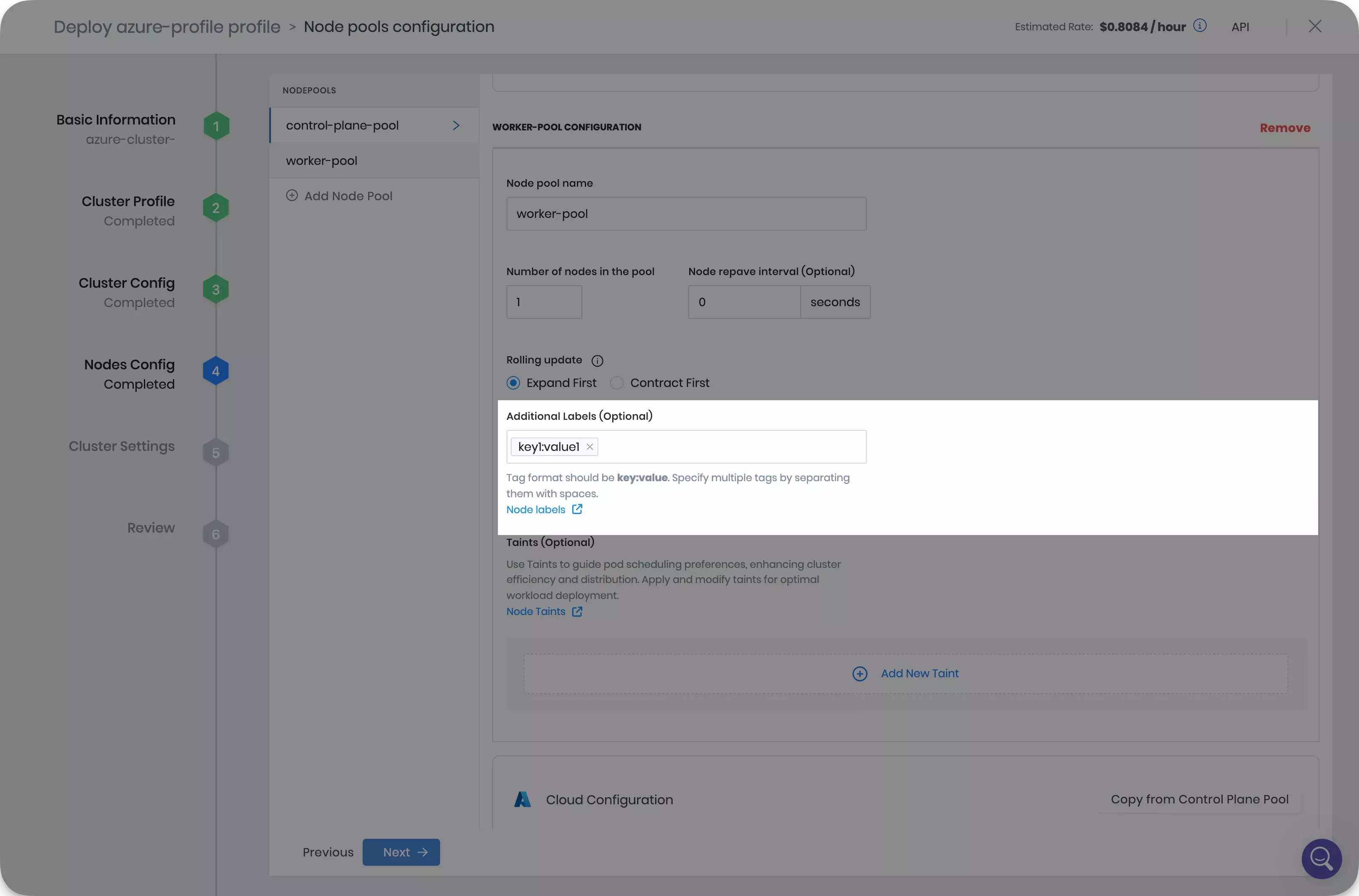 Screenshot of adding node labels during cluster creation