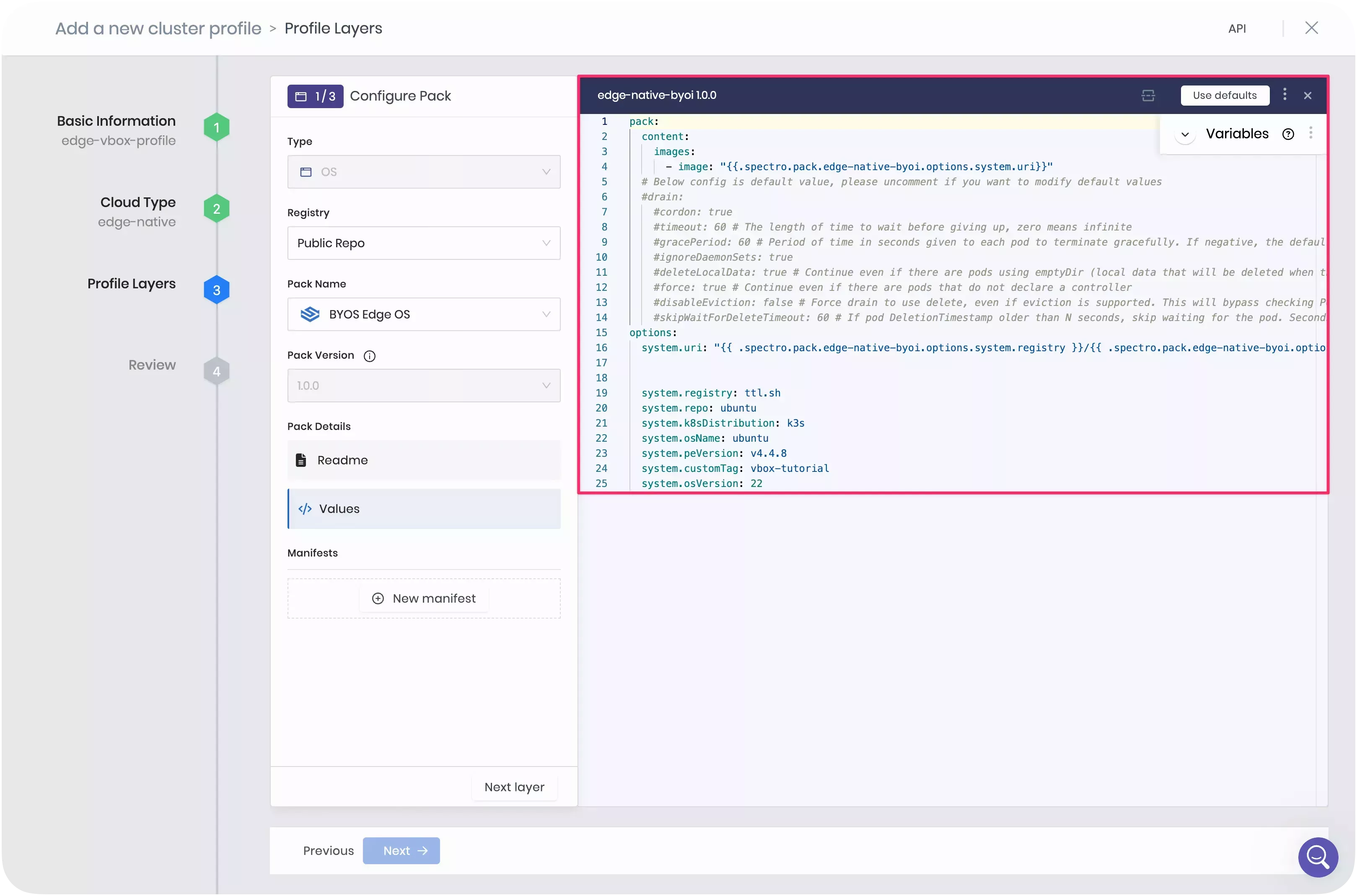 A screenshot of the cluster profile creation step with the OS layer.